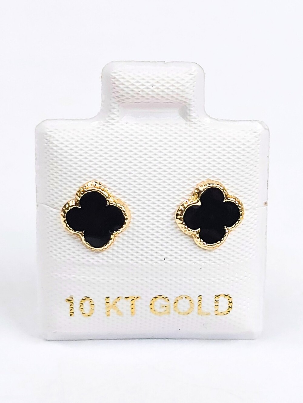 Van Four Leaf Black Enamel Stud Earrings Inspired 10K Solid Gold 7.5mm